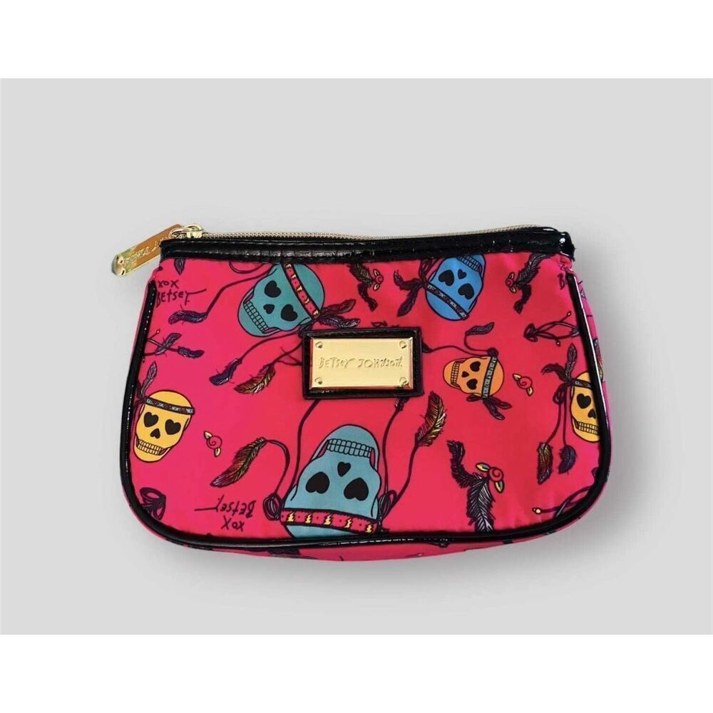 Womens Betsey Johnson Hot Pink Feather Sugar Skulls Skull Zip & Go Makeup Bag